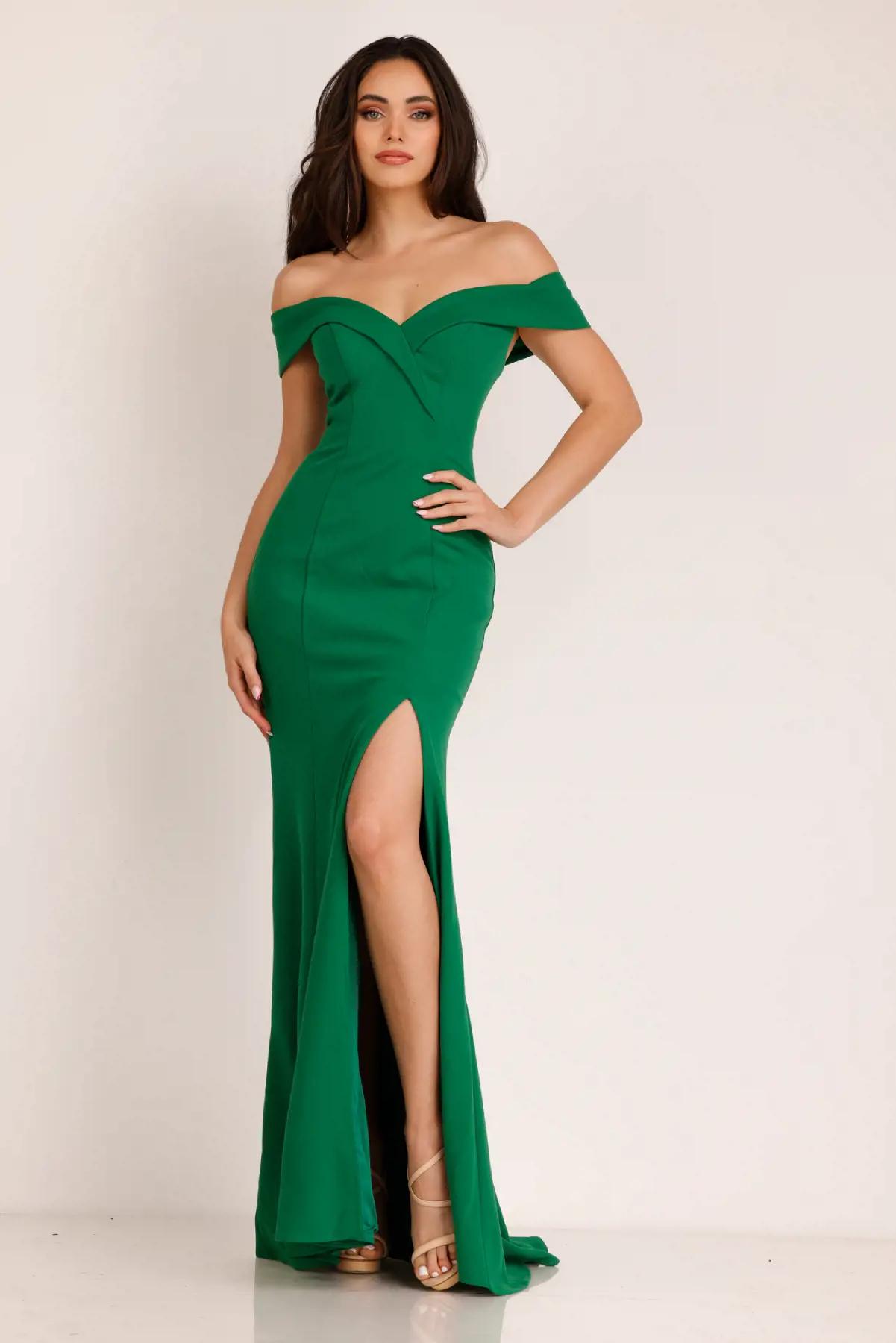 Model wearing an Abby Paris FW green gown