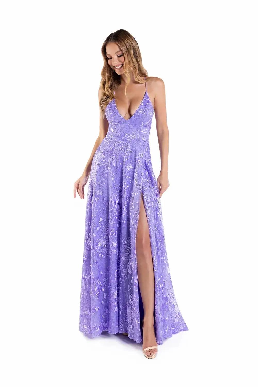 Model wearing a Lucci Lu Spring purple gown