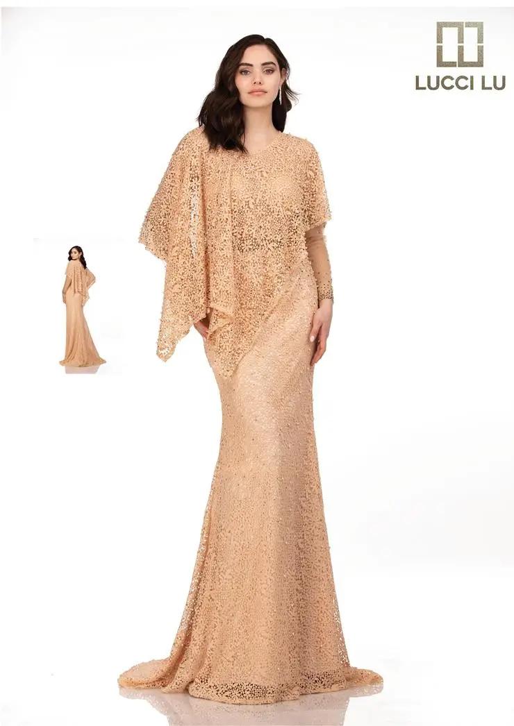 Model wearing a Lucci Lu Mother of the Bride light brown dress