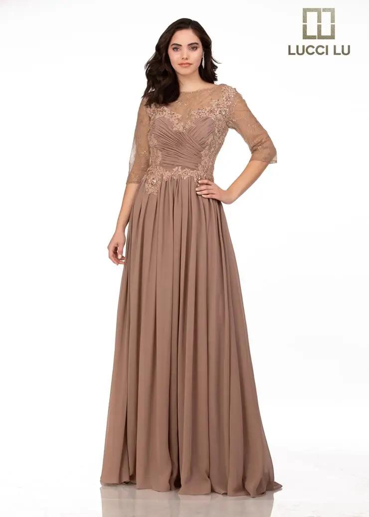 Model wearing a Lucci Lu Mother of the Bride brown dress