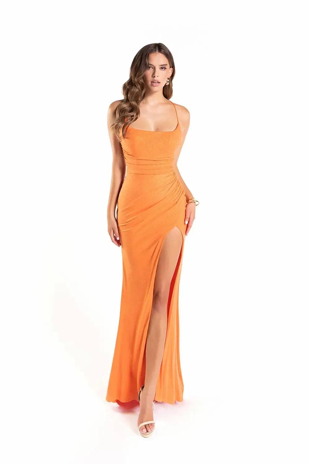Model wearing a Lucci Lu Spring orange gown