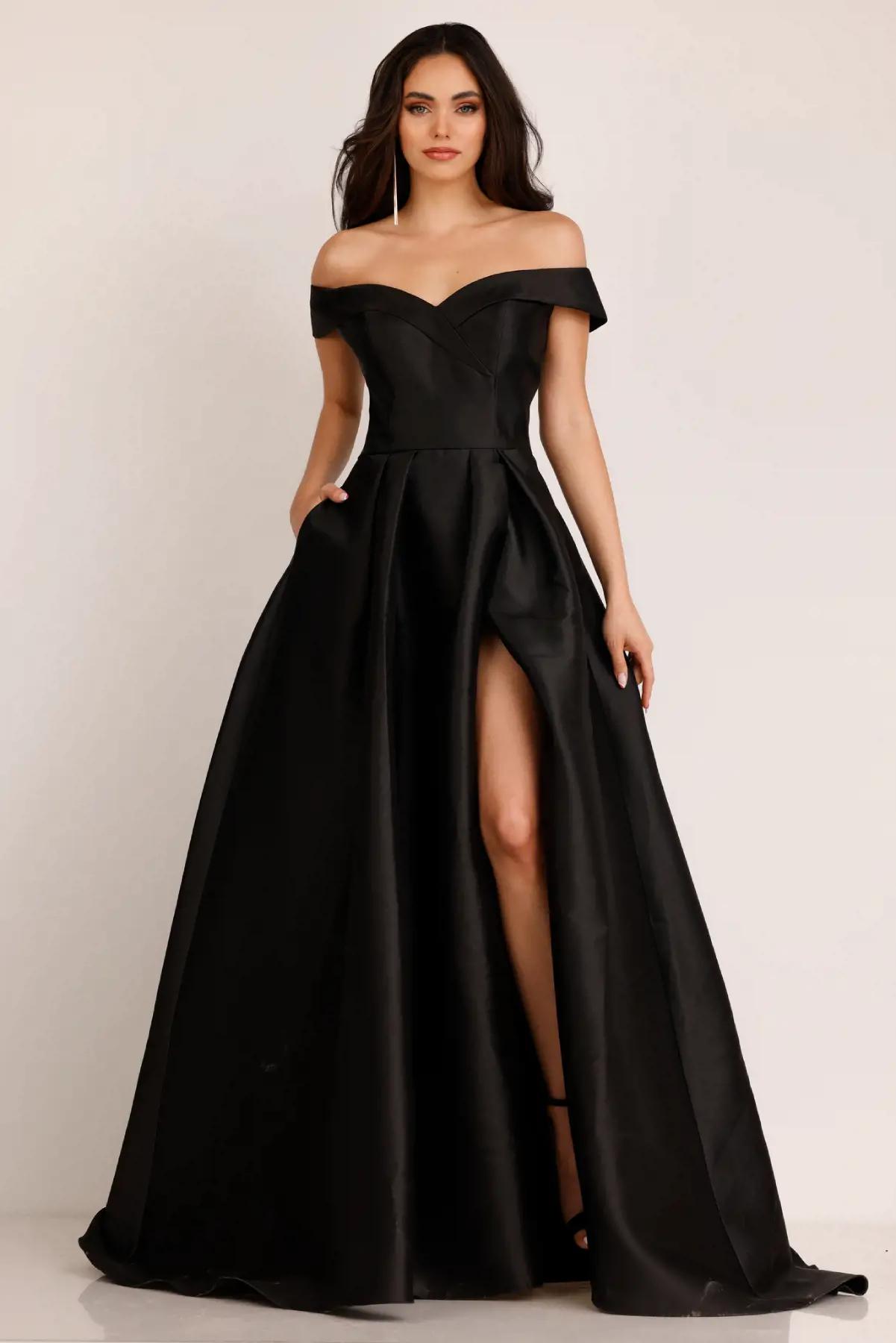 Model wearing an Abby Paris FW black gown