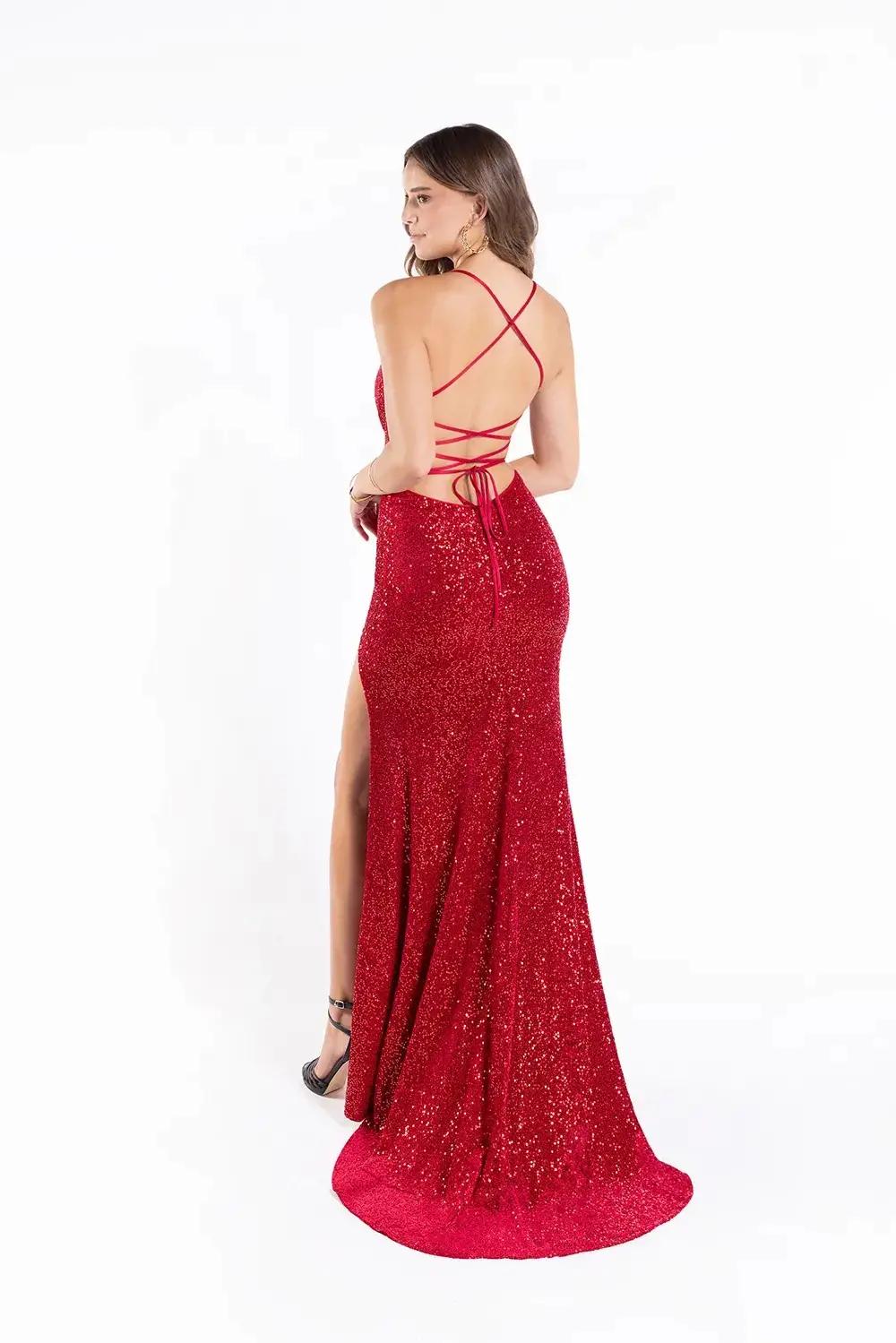 Model wearing a Lucci Lu Spring long red gown