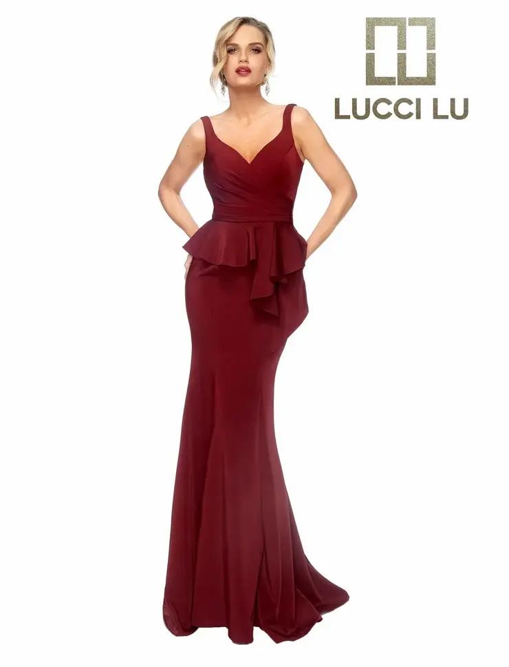 Model wearing a Lucci Lu Mother of the Bride dark red gown